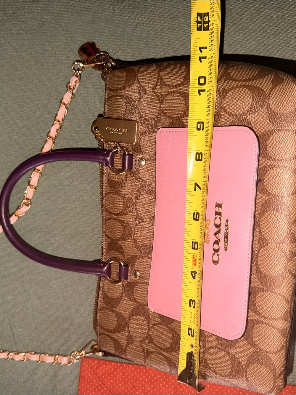 Coach Brown Signature Canvas Tote with Pink Front Pocket and Purple Trim - Picture 5 of 6